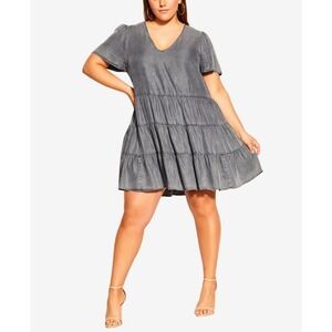 City Chic Denim Tiered Minidress in Black Wash Size M/18